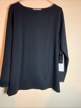 Josephine Chaus Black Long Sleeve Knit Top with Lace Trim NWT XL